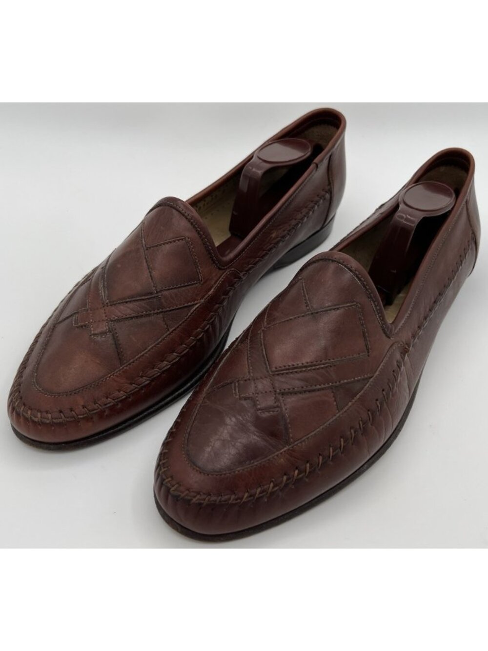 Santoni Italy Handwoven Stitched Brown Leather Casual Penny Loafers Men Size 9D